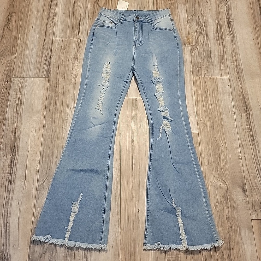 Heritage Palmer Jeans Womens LG Flared Distressed Light Wash Denim‎ Raw Hem NEW